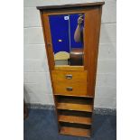 A 20TH CENTURY OAK CABINET, with a single bevelled mirror door, above two drawers and two shelves,