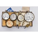 FIVE OPEN FACE POCKET WATCHES, the first a silver cased ladies pocket watch, hand wound movement,