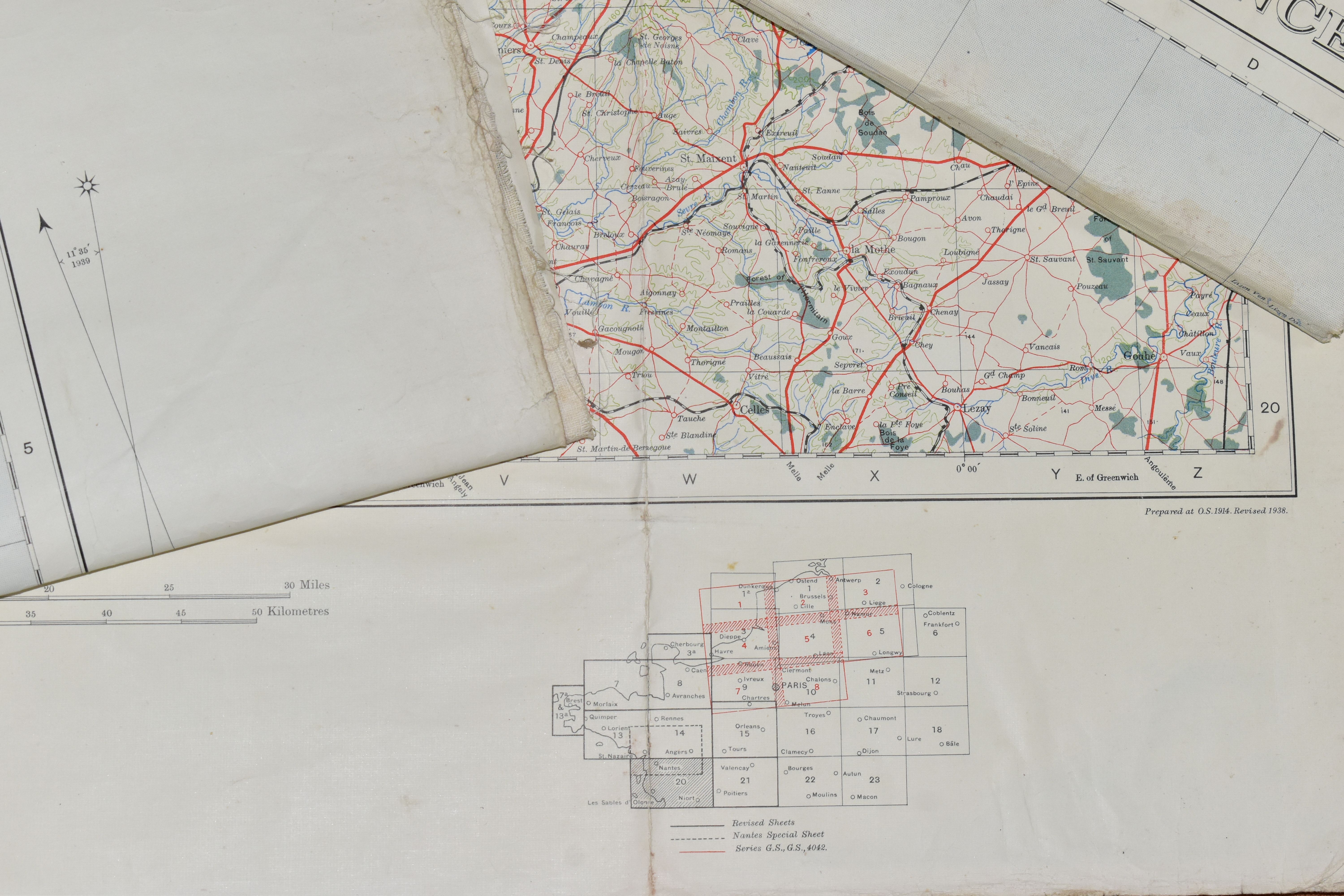 NINE 1-250,000 SCALE ORDNANCE SURVEY MAPS OF FRANCE DATED 1938, comprising sheets 3a, 7, 7a & 13a, - Image 2 of 4