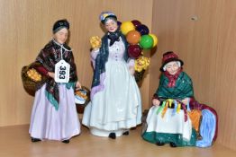 THREE ROYAL DOULTON FIGURINES DEPICTING STREET SELLERS, comprising Silks and Ribbons HN2017, The