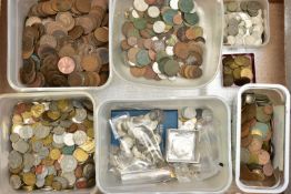 A LARGE AND HEAVY BOX OF MIXED COINS, to include UK and world coinage, Queen Victoria crown coins