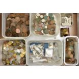 A LARGE AND HEAVY BOX OF MIXED COINS, to include UK and world coinage, Queen Victoria crown coins