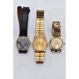 THREE GENTS WRISTWATCHES, to include a gold plated 'Omega, automatic', round discoloured champagne