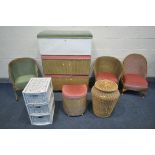 A SELECTION OF LLOYD LOOM AND STYLE WICKER BEDROOM FURNITURE, comprising three chairs, three