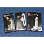 LEGO ARCHITECTURE, three sets, The Leaning Tower of Pisa, no.21015, Venice, no. 21026 and Big Ben,