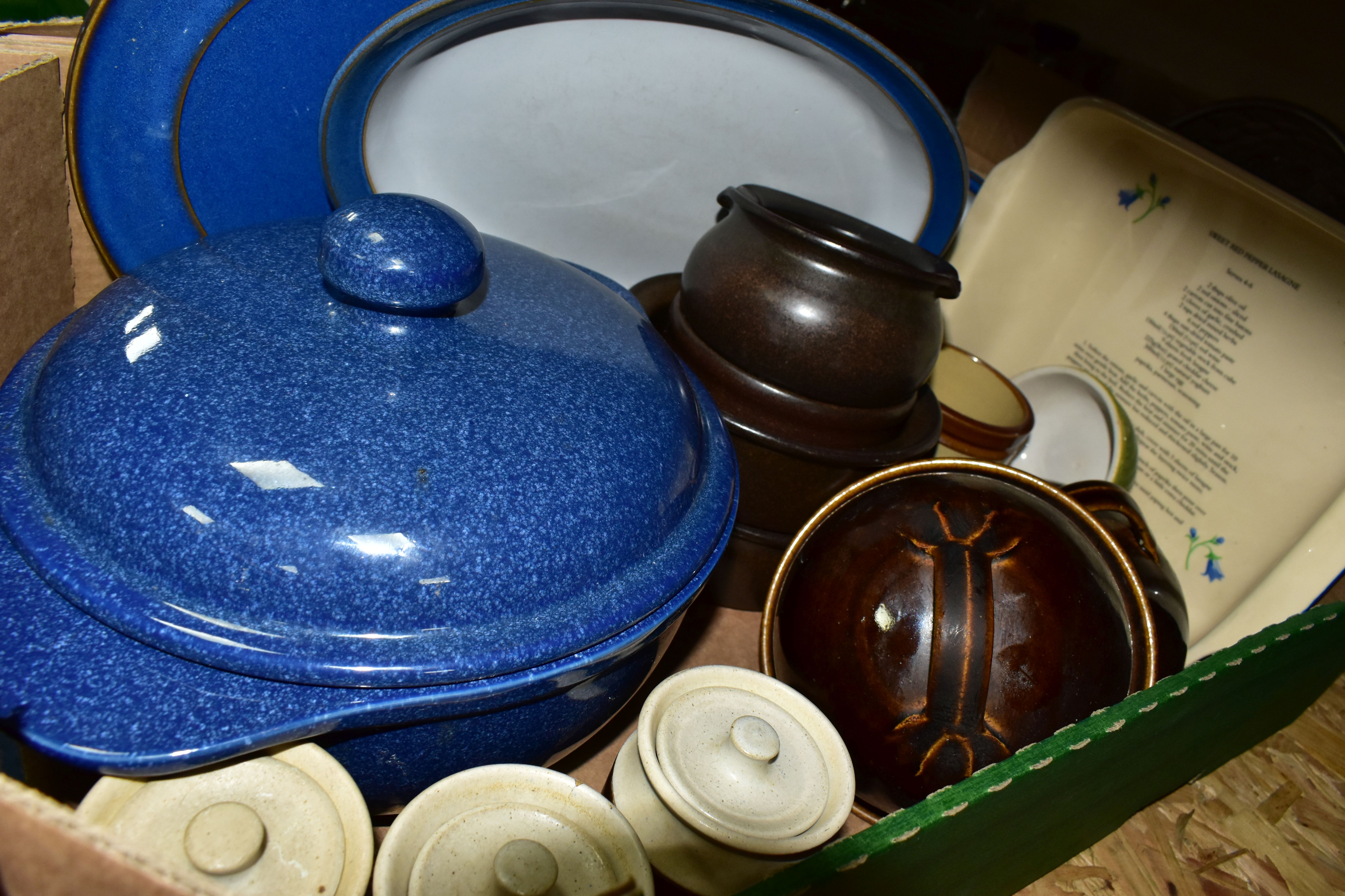 FIVE BOXES OF KITCHENWARE AND CERAMICS, to include John Webb salt glazed pottery cannisters, pots, - Image 2 of 6