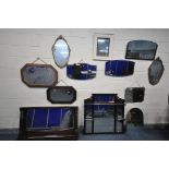 A SELECTION OF WALL MIRRORS, to include two oak mirror with canted corners, four frameless