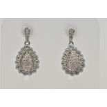 A PAIR OF 9CT WHITE GOLD DIAMOND DROP EARRINGS, each earring of a pear drop shape set with a cluster