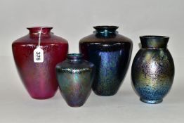 FOUR ROYAL BRIERLEY STUDIO IRIDESCENT VASES, three of tapering shouldered form in red and blue,