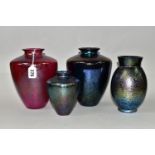 FOUR ROYAL BRIERLEY STUDIO IRIDESCENT VASES, three of tapering shouldered form in red and blue,