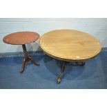 A VICTORIAN WALNUT CIRCULAR BREAKFAST TABLE, diameter 103cm x height 69cm, and a Victorian oval