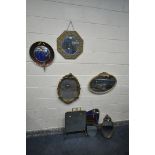 A SELCTION OF VARIOUS MIRRORS, to include an octagonal beaten brass framed bevelled edge wall