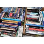 BOOKS & DVDS, two boxes of books containing approximately forty-five titles related to the