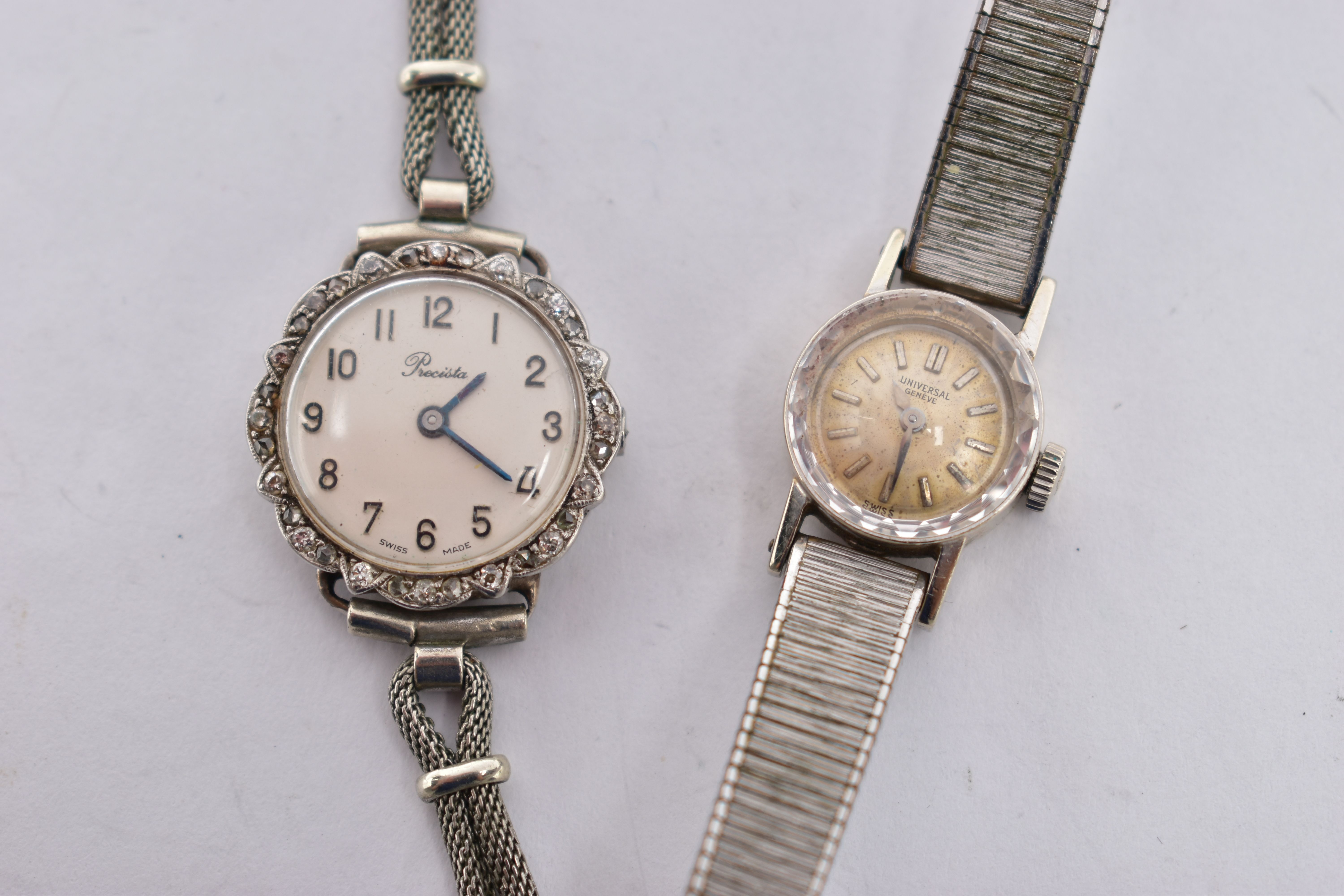 TWO LADIES WRISTWATCHES, the first a white metal 'Precista' watch, missing crown, round silver - Image 2 of 5