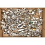 ASSORTED WHITE METAL SPOONS, a large selection of cutlery and souvenir teaspoons, locations to