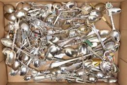 ASSORTED WHITE METAL SPOONS, a large selection of cutlery and souvenir teaspoons, locations to