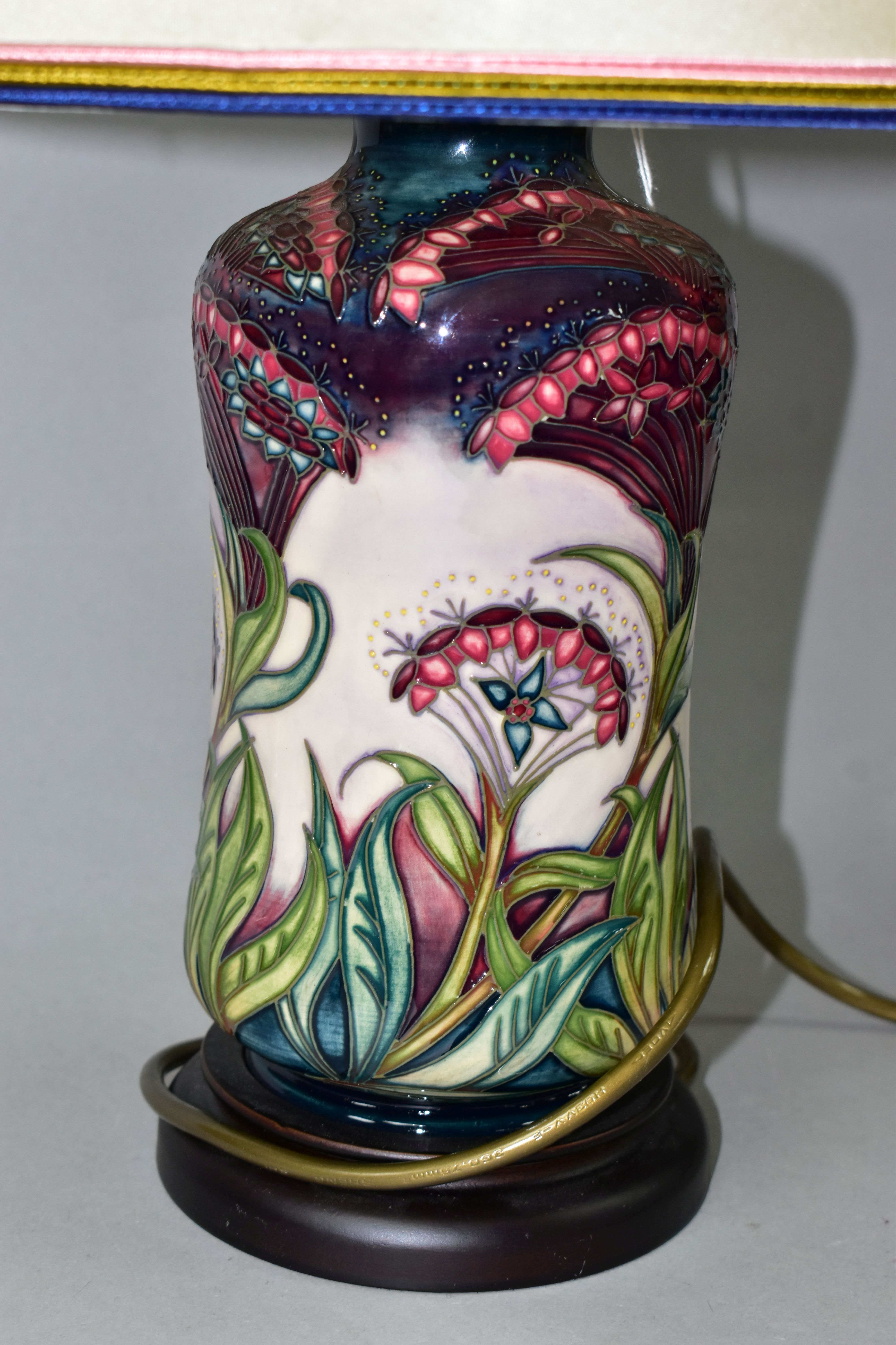 A MOORCROFT POTTERY 'GYPSY' PATTERN TABLE LAMP, of waisted cylindrical form, tube lined with - Image 2 of 5