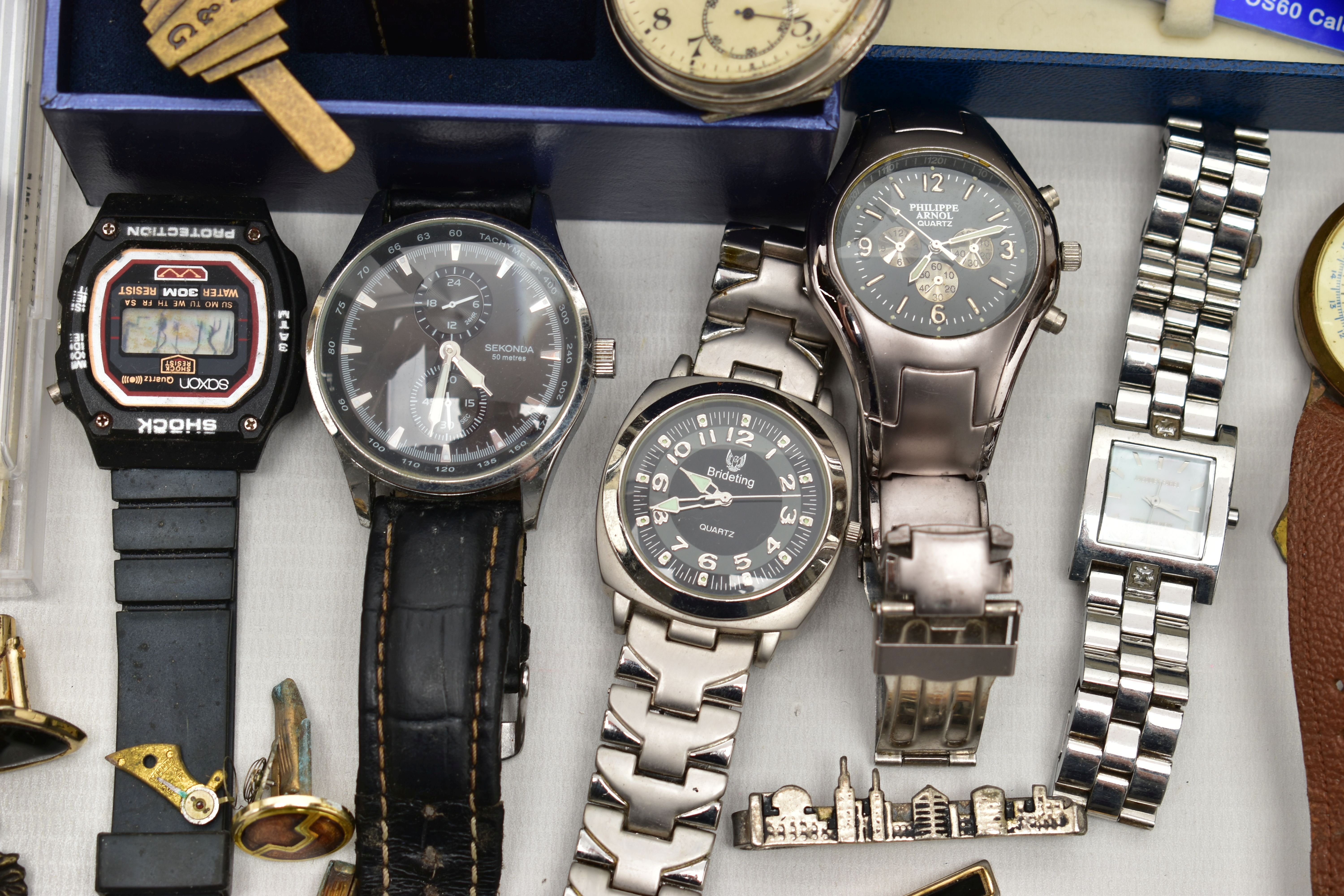 A BOX OF ASSORTED FASHION WRISTWATCHES AND OTHER ITEMS, all untested, to include a boxed 'Swatch' on - Image 4 of 6