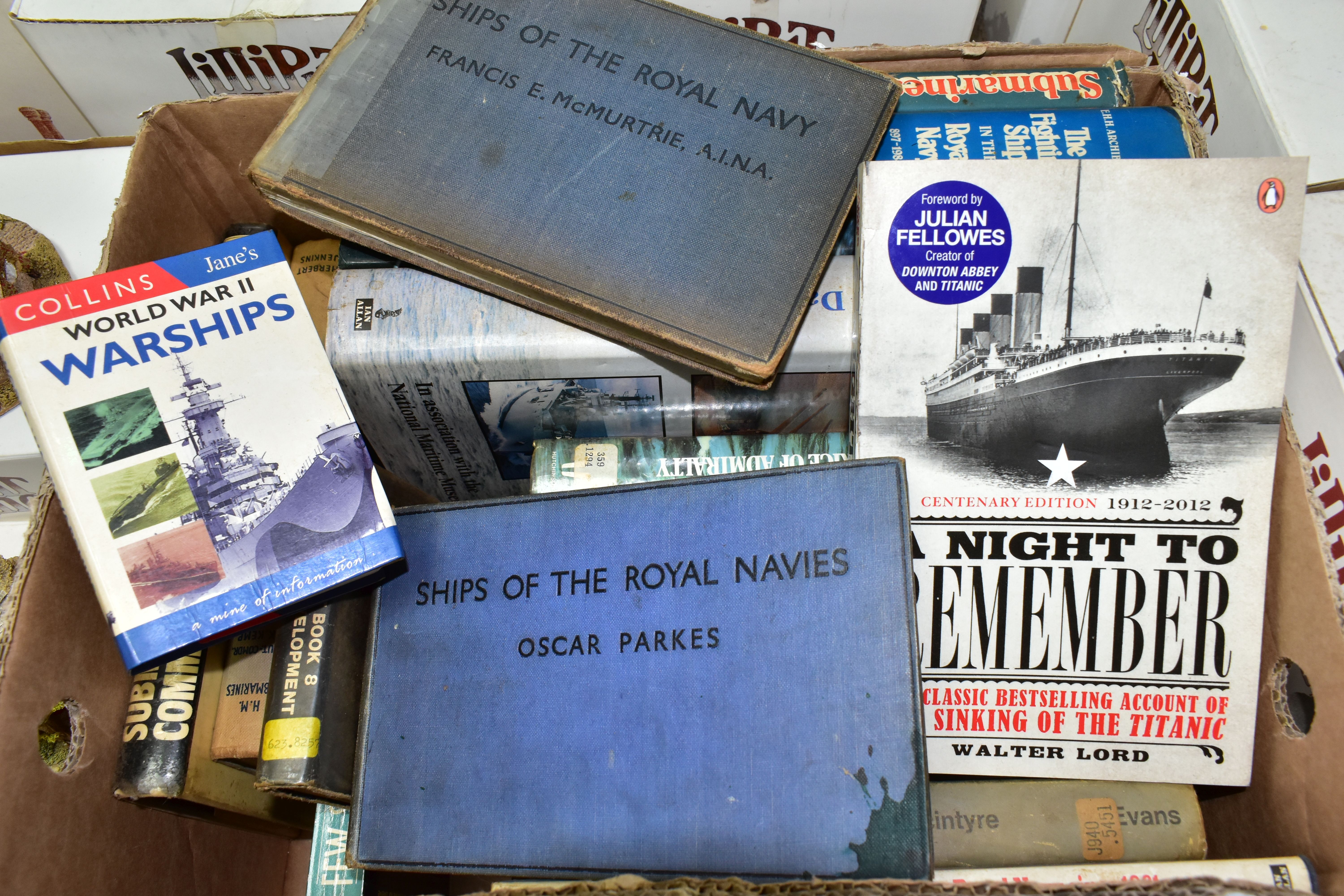 A BOX OF ROYAL NAVY AND RELATED BOOKS, eighteen titles in hardback and paperback format to include