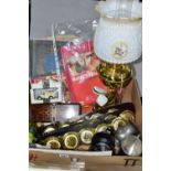 ONE BOX OF SUNDRY ITEMS, to include a modern electric table lamp in the form of a brass oil lamp,