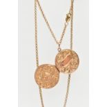 A 9CT GOLD LOCKET PENDANT AND CHAIN, the locket of a circular form, decorated with an ivy leaf and a
