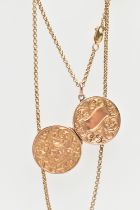 A 9CT GOLD LOCKET PENDANT AND CHAIN, the locket of a circular form, decorated with an ivy leaf and a