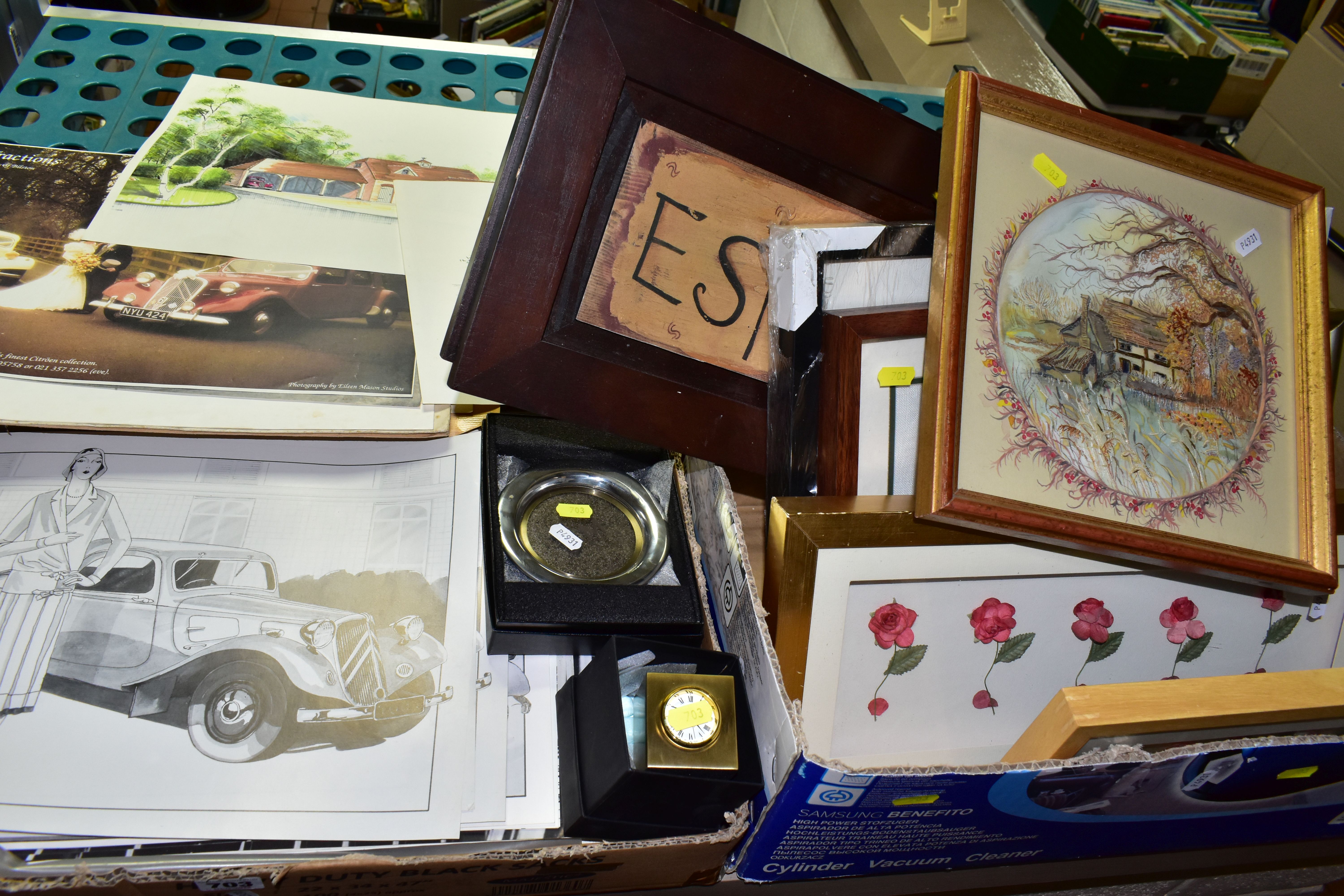 TWO BOXES OF CITROEN EPHEMERA AND ASSORTED PRINTS ETC, to include Citroen dealer stock illustrations