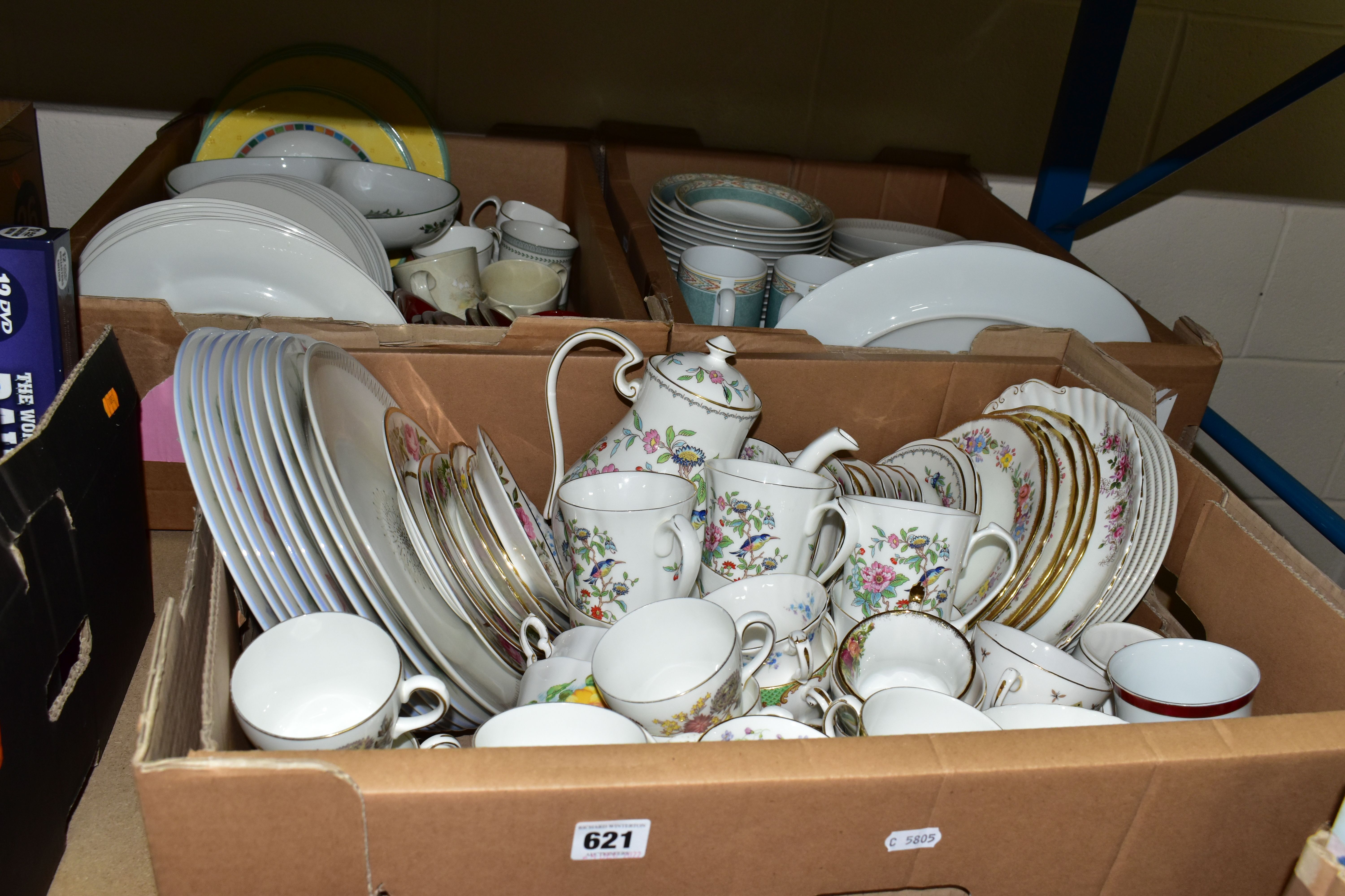THREE BOXES OF ASSORTED TEA AND DINNER WARES, to include Aynsley 'Pembroke' teapot and six mugs,