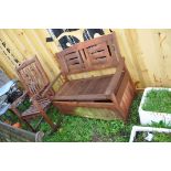 A TEAK GARDEN ROCKING CHAIR 63cm wide and a hard wood garden bench with under seat storage 121cm