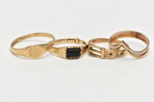 THREE 9CT GOLD RINGS AND A TRI COLOUR RING, the first a yellow gold heart shaped signet,