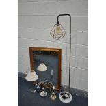A INDUSTRIAL STYLE FLOOR LAMP, with a copper shade, on marble base, along with three table/desk