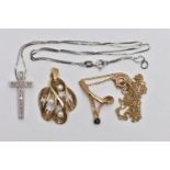 TWO PENDANT NECKLACES AND A PENDANT, to include a white metal cross pendant set with single cut