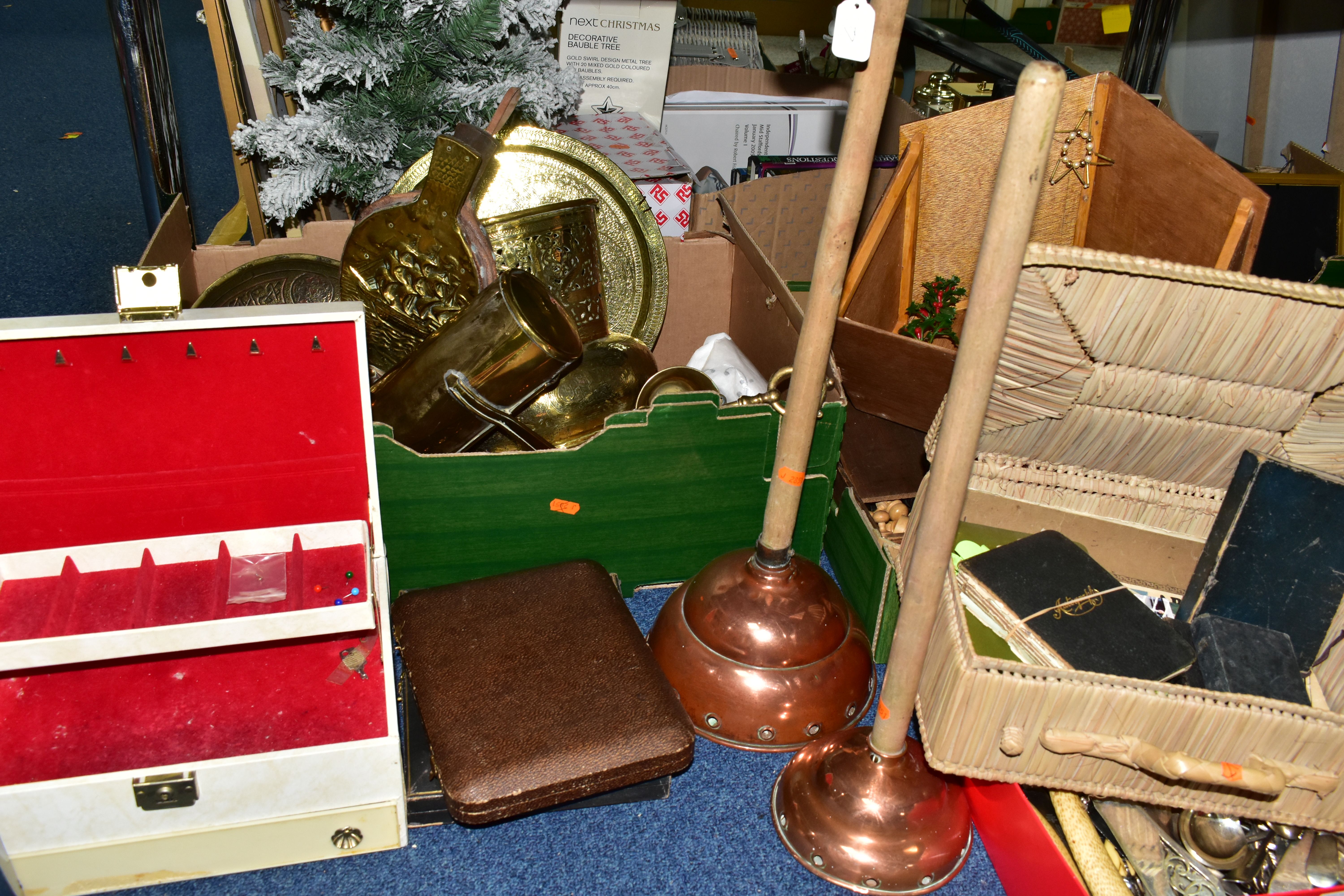 THREE BOXES OF METALWARE, to include two copper wash day dollies, an autograph book with drawings - Image 3 of 16