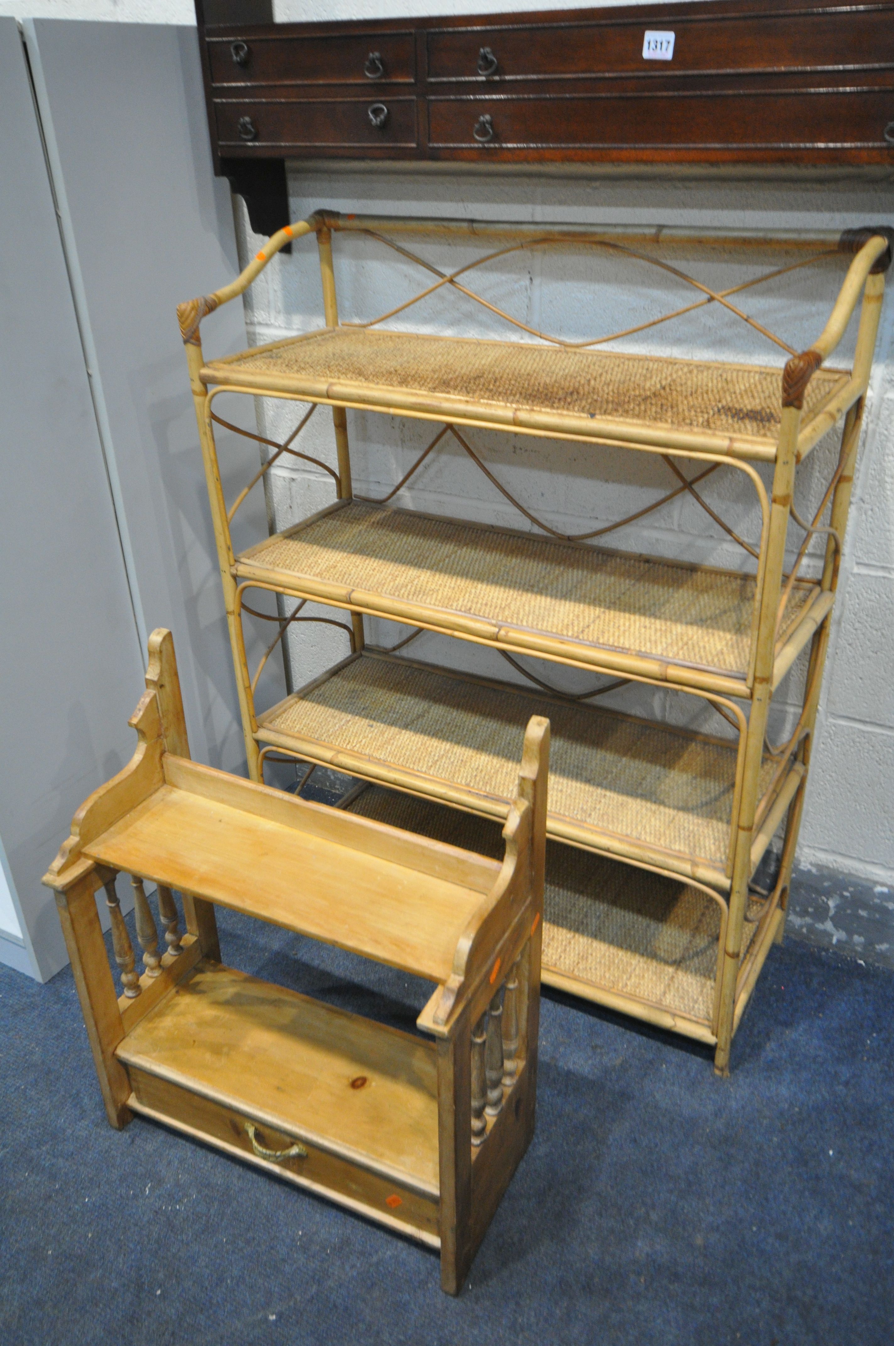 A MAHOGANY WALL SHELF, width 128cm x height 93cm, along with a bamboo bookcase, a pine hanging - Image 3 of 4