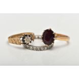 THREE GEM SET RINGS, the first designed with an oval cut garnet in an eight claw setting with