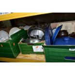 FIVE BOXES OF KITCHENWARE AND CERAMICS, to include John Webb salt glazed pottery cannisters, pots,