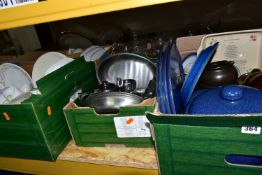 FIVE BOXES OF KITCHENWARE AND CERAMICS, to include John Webb salt glazed pottery cannisters, pots,