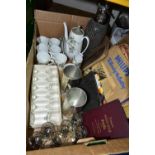 A BOX OF EPHEMERA, CERAMICS, GLASS AND METALWARES, to include a Sparklets soda syphon, a thirteen