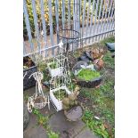 A QUANTITY OF METAL GARDEN STRUCTURES AND ORNAMENTS including two Japanese style Tea pots, a wire