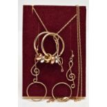 A PAIR OF HOOP EARRINGS, A PENDANT NECKLACE AND MATCHING EARRINGS, the polished yellow metal