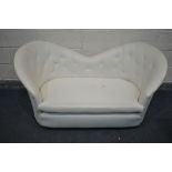 A BUTTONED TWIN SPOON BACK SOFA, upholstered in a white fabric, length 147cm (condition - ideal