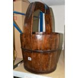 AN IRON BANDED WOODEN PAIL, having a fixed handle, approximate height 59cm