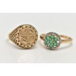 TWO 9CT GOLD RINGS, the first a floral cluster of seven circular cut emeralds, accented with a