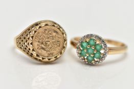TWO 9CT GOLD RINGS, the first a floral cluster of seven circular cut emeralds, accented with a