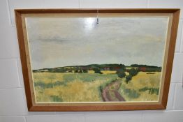 BRUCE HURN (BRITISH 1926-?) 'NORFOLK FARM' an extensive open landscape with a pathway leading to a