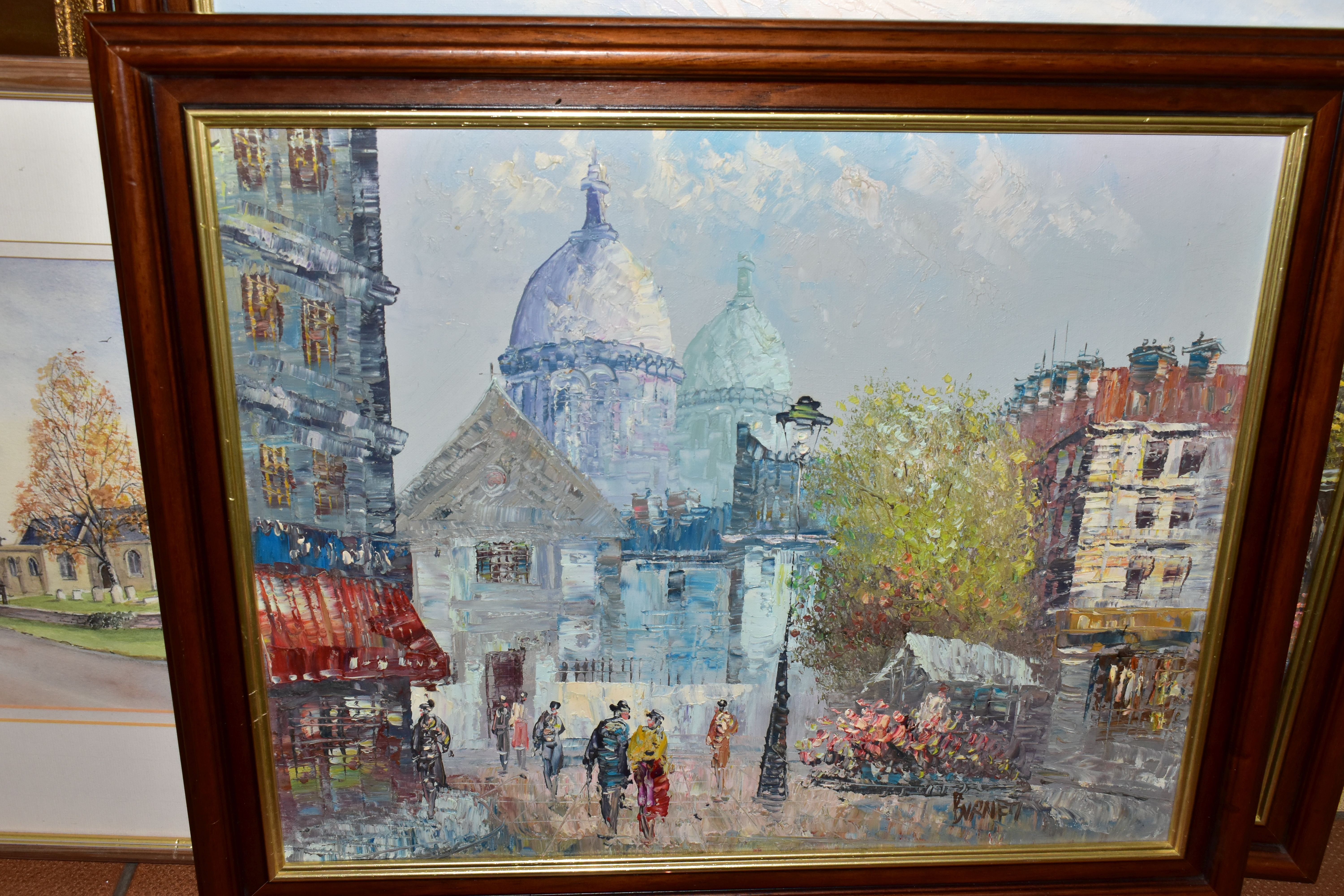 SIX PAINTINGS AND PRINTS, COMPRISING A BURNETT PARISIAN OIL ON BOARD, approximate size 40cm x - Image 2 of 7