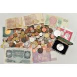 A CARDBOARD BOX OF MIXED WORLD COINAGE, to include a boxed Royal Mint 25.3 gram .925 39.0mm Silver