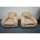 A PAIR OF ART DECO WALNUT FRAMED AND BIEGE UPHOLSTERED ARMCHAIRS, with rounded armrests, width