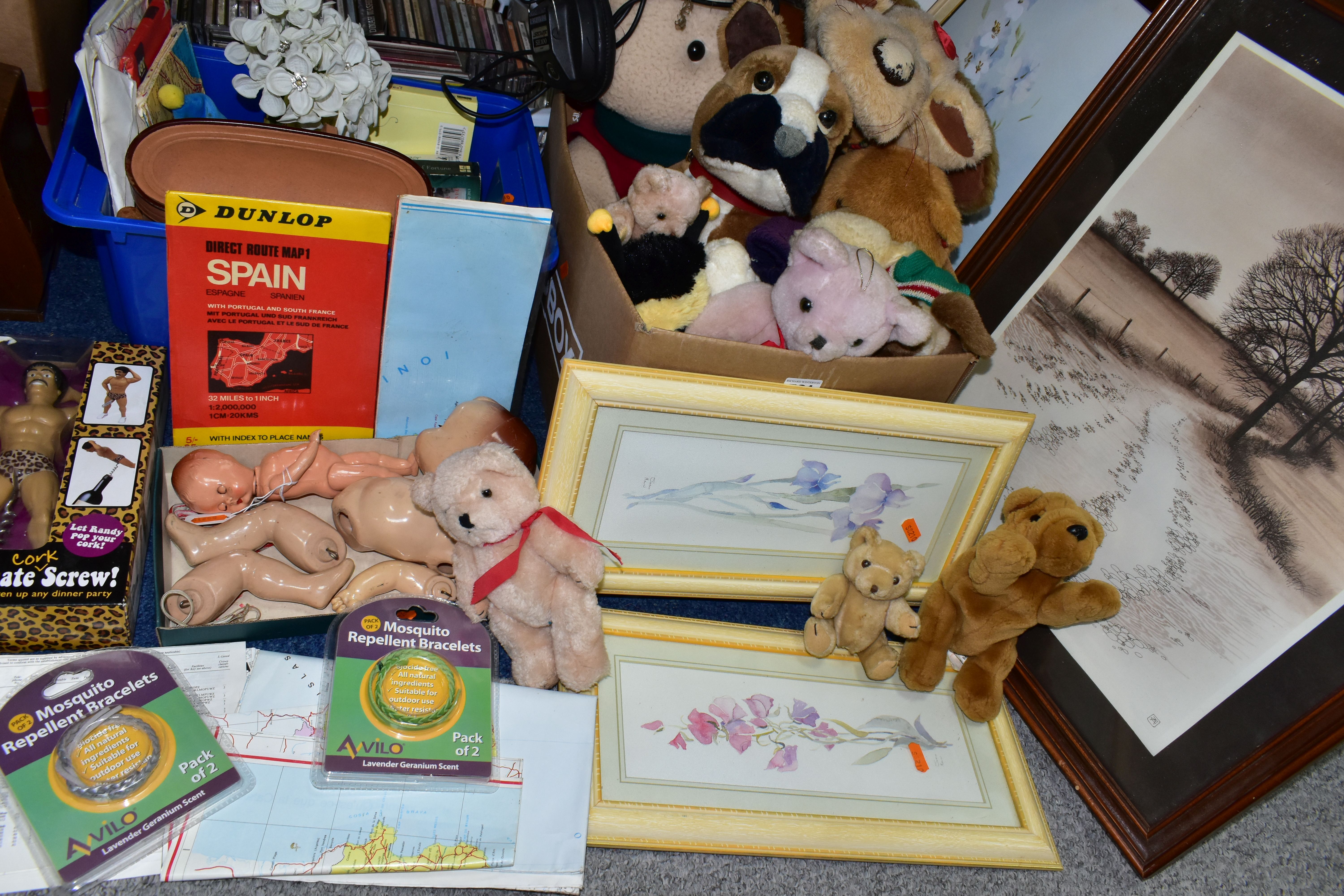 FIVE BOXES AND LOOSE TOYS, CDS, PICTURES AND SUNDRY ITEMS, to include two vintage plastic jointed