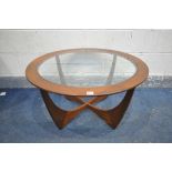 A G PLAN ASTRO TEAK CIRCULAR COFFEE TABLE, with a glass insert, diameter 84cm x height 46cm (